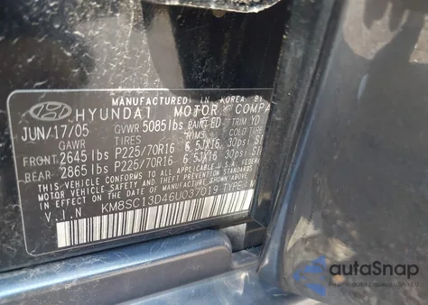 2006 Hyundai Santa Fe Gls из США, поврежденный, VIN KM8SC13D46U037019